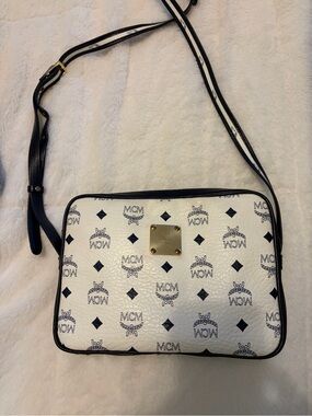 MCM Vintage White & Navy Visetos Monogram Crossbody Bag
